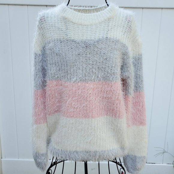 sogralimasos Sweaters - Striped white,  pink and grey fuzzy sweater